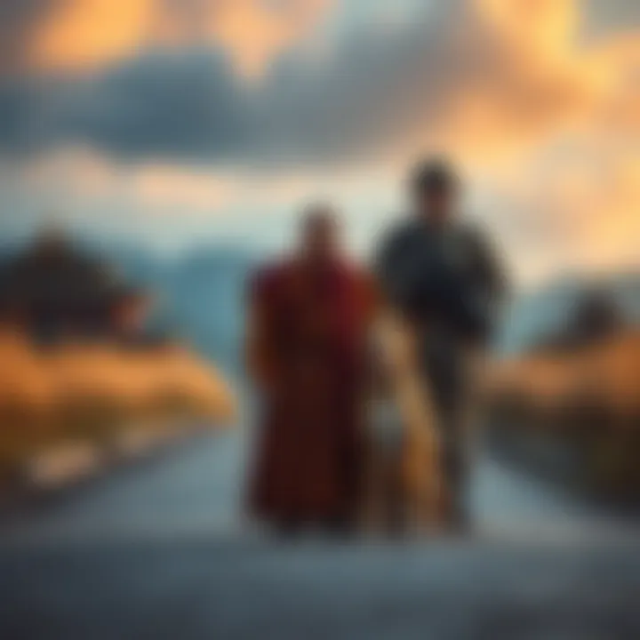 A monk in robes, a soldier in uniform, and a dog sit together in a peaceful setting, symbolizing protection and friendship.