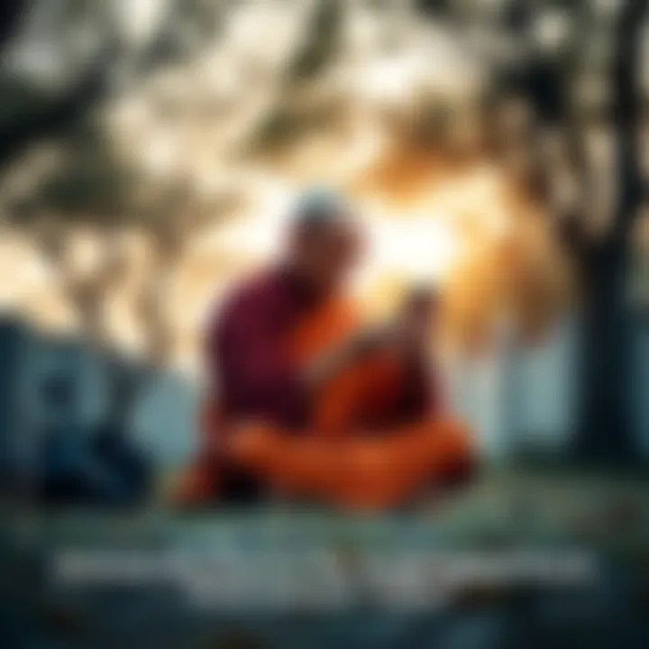 Monk using smartphone A monk in traditional robes sits cross-legged, focused on a smartphone in his hands, surrounded by a serene outdoor setting with trees and soft lighting.
