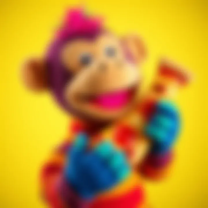 A colorful monkey sock puppet holding a slice of pizza, looking cheerful and playful with a bright background.