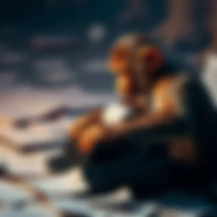 Monkey typing on a typewriter A monkey sitting at a typewriter, surrounded by scattered papers, typing random characters.