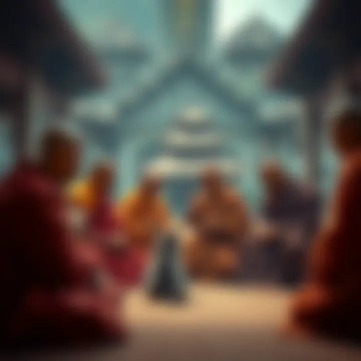 Buddhist monks in robes debating over a cat in a serene temple setting
