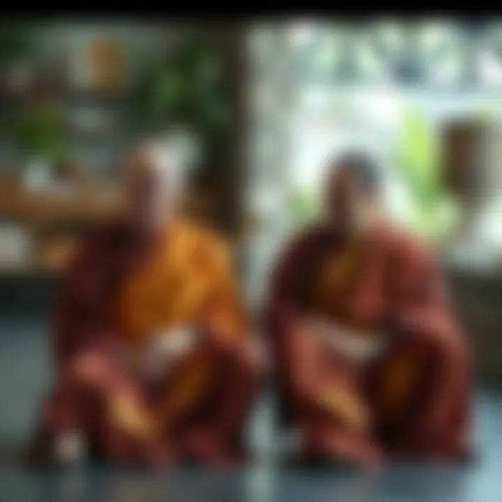 Two Theravada Buddhist monks sit together with Sam Harris, engaged in discussion about spirituality and modern issues.