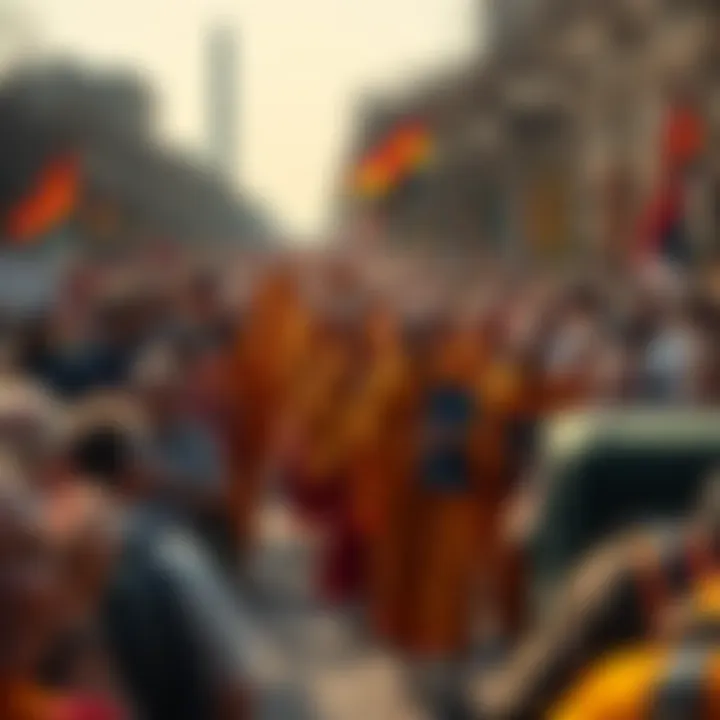 A large crowd of people gathers in Richmond to support monks on a peace pilgrimage heading to D.C.