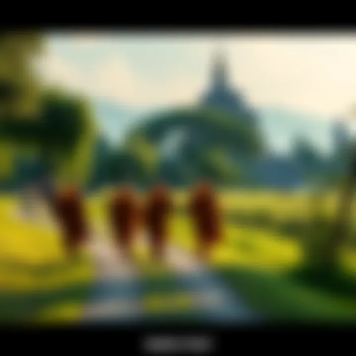A group of monks walking along a peaceful path, dressed in traditional robes, with green trees and a temple in the background.