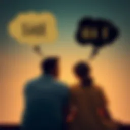 A couple sitting together with thought bubbles showing different relationship structures and evolution symbols