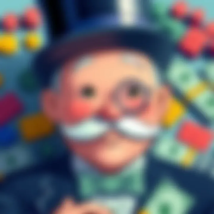 A close-up illustration of the Monopoly Man character without a monocle, showcasing his distinctive top hat and mustache, surrounded by colorful Monopoly game pieces and cash, highlighting the theme of misconceptions.