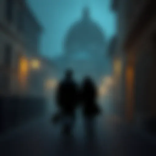 A dark, misty scene of a couple walking in Florence at night, with shadows suggesting a lurking danger nearby.