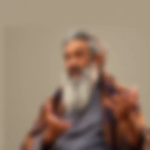Mooji giving a thoughtful talk in a serene setting, with a calm expression and engaging body language