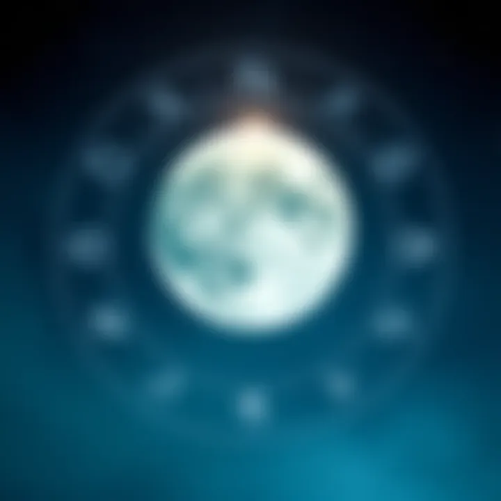 Moon Astrology Illustration A serene depiction of the moon with zodiac symbols surrounding it, representing moon placements in astrology. The background features a night sky with stars, suggesting a celestial theme.