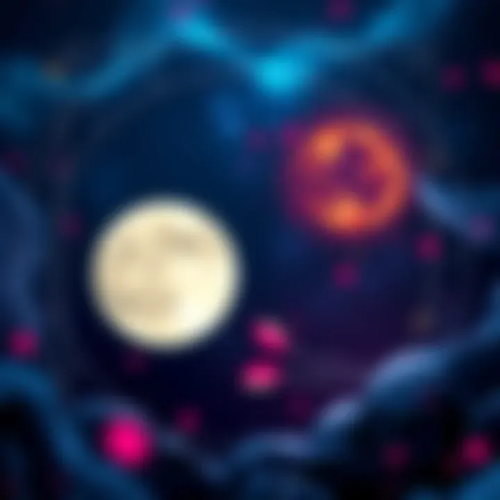 An illustration showing the Moon positioned in the 8th house of an astrological chart, with a Scorpio symbol nearby. The background features dark, mystical colors representing depth and transformation...