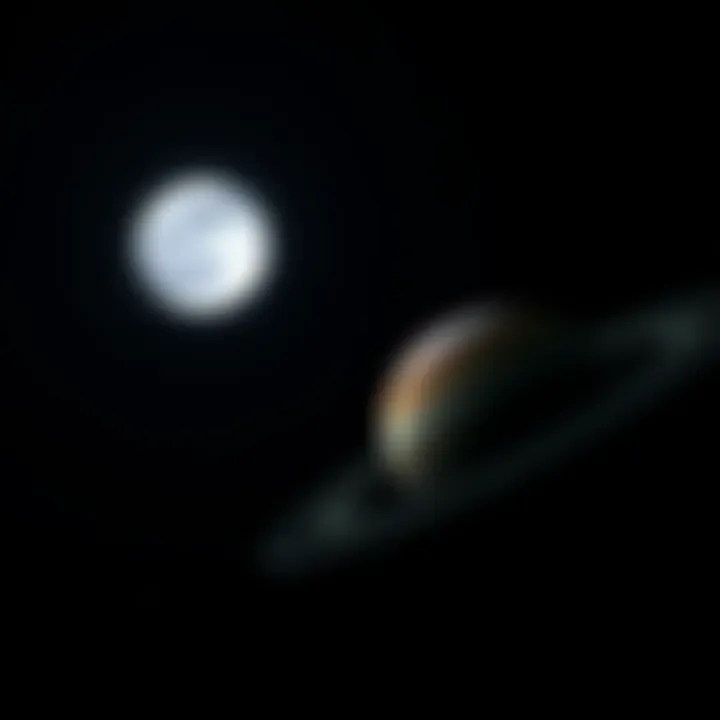Moon and Saturn in the night sky A bright full moon positioned near the planet Saturn, set against a dark starry backdrop