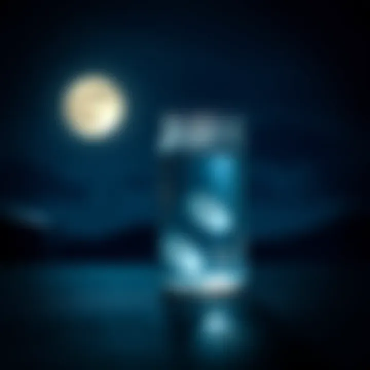 A glass jar filled with clear water placed under a full moon, with a dark night sky in the background