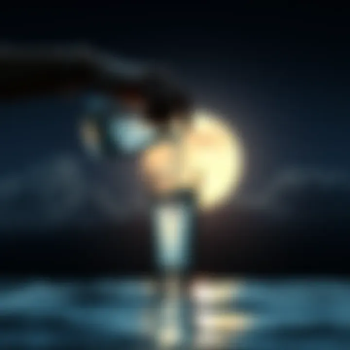 A person pouring water into a glass under a full moon, representing the practice of moon water rituals.