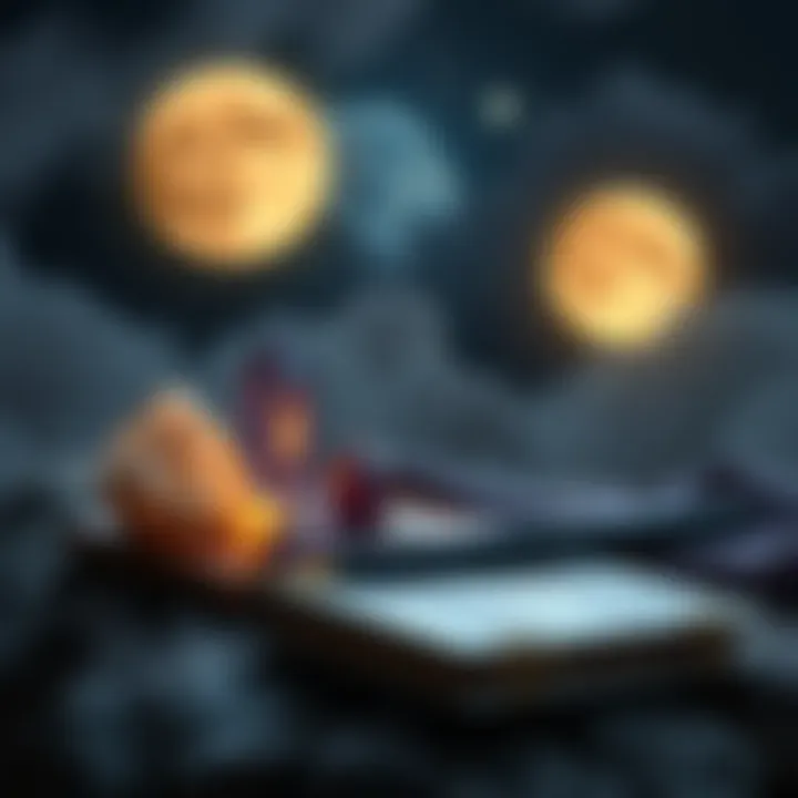 A serene scene with a glowing moon, crystals, and a journal, representing spirituality during menopause.