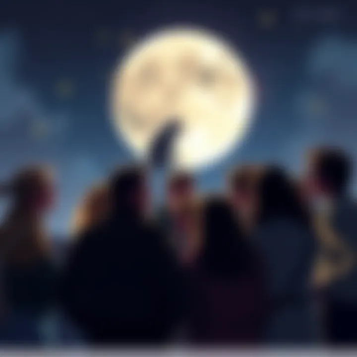 A group of people chatting and sharing ideas about a cat supposedly on the moon, with a backdrop of the moon and stars.