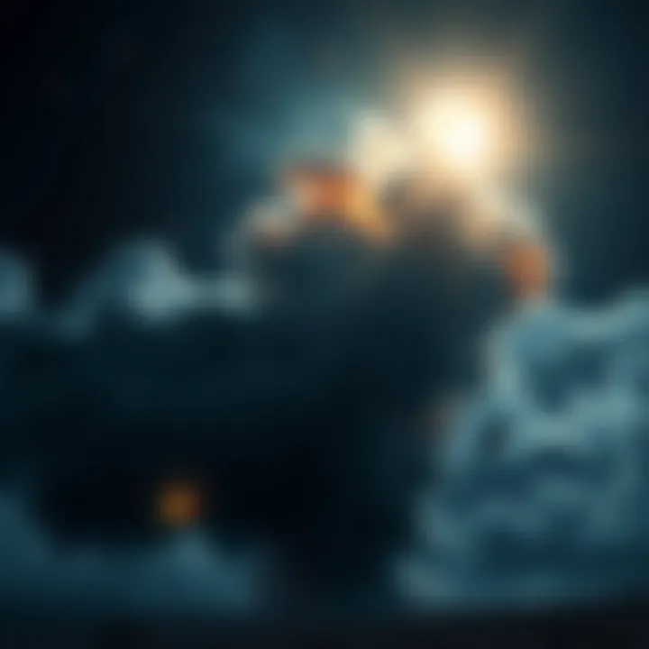 A view of the moon exploding in the night sky, with debris falling towards Earth amidst dark clouds and panic on the ground below.
