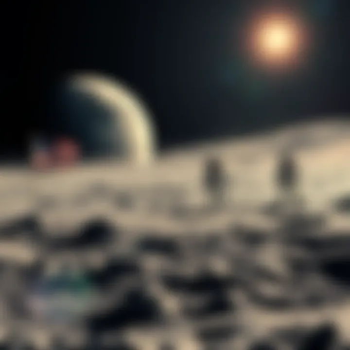 Astronauts on the moon during Apollo mission, showcasing lunar landscape and American flag