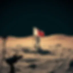 A depiction of the moon landing being staged, featuring a flag planted on the moon, with shadows and cameras hinting at a production scene.