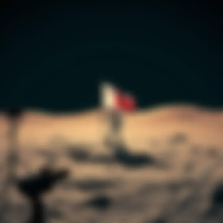 A depiction of the moon landing being staged, featuring a flag planted on the moon, with shadows and cameras hinting at a production scene.
