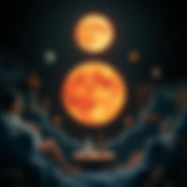 A visual representation of the Moon in a square position to Mars, surrounded by symbols of home and family life, depicting a sense of tension and emotion.