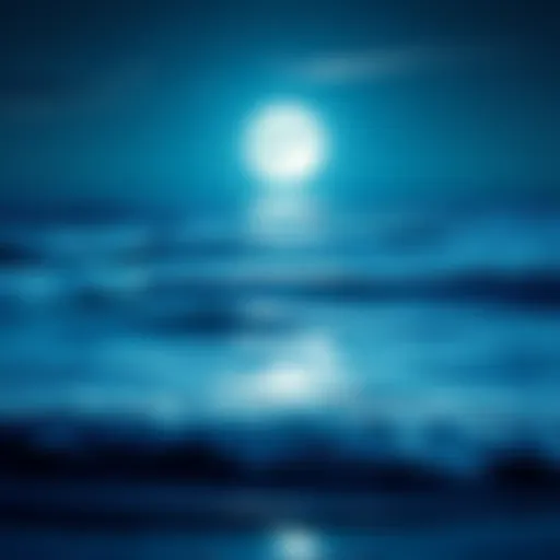 A bright full moon reflected on calm ocean waters with gentle waves