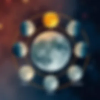 Illustration of different moon phases with zodiac signs around them, showing how each sign is linked to the moon's influence on thoughts and emotions.