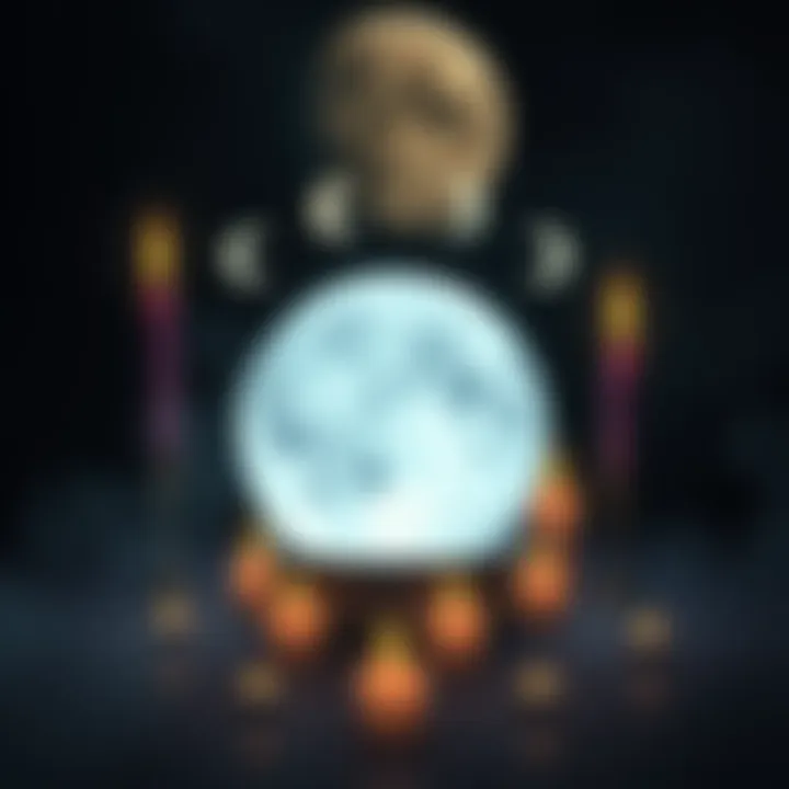 A crystal ball surrounded by candles and lunar symbols, representing the connection between moon phases and spell effectiveness.