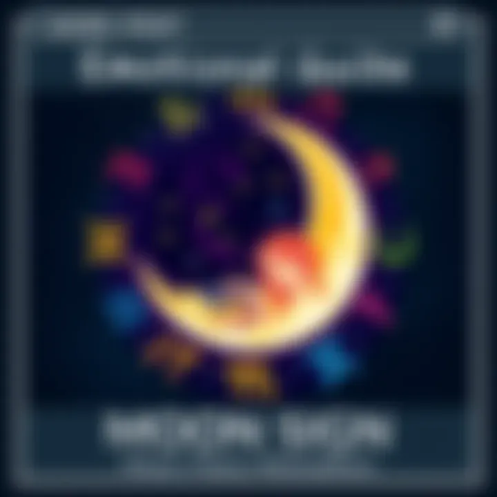 A colorful illustration of a crescent moon surrounded by various zodiac symbols, representing emotional needs based on moon signs.