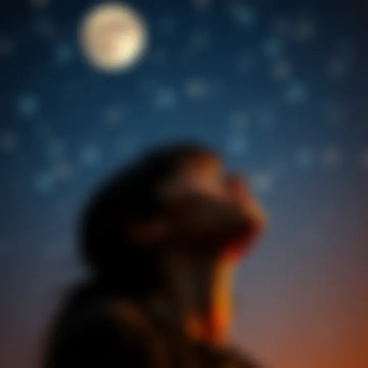 Moon Sign Emotional Struggles A person looking up at the night sky filled with stars, showing a sense of worry and contemplation about their moon sign's emotional challenges.