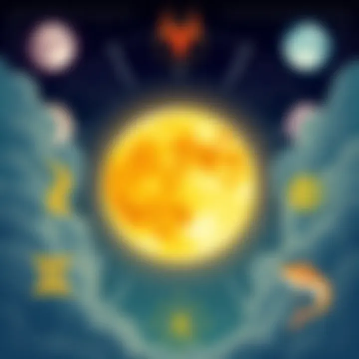 Illustration showing different moon signs with corresponding personality traits like impulsiveness for Aries and sensitivity for Pisces.