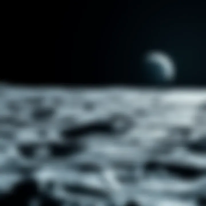 A close-up of the lunar surface with Earth visible in the background, symbolizing humanity's distance from the moon since the last visit.