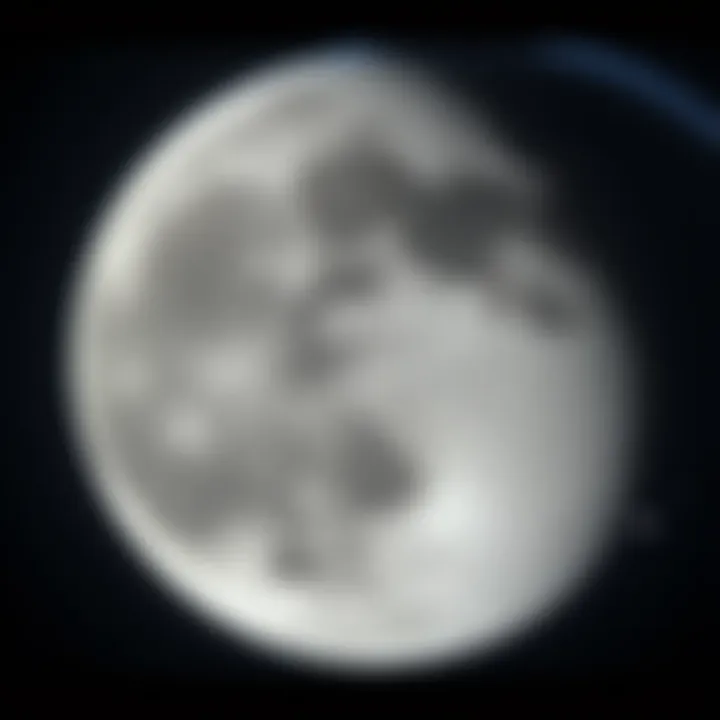 A clear view of the Moon showing its craters and surface details, with Earth visible in the background as a small blue sphere.
