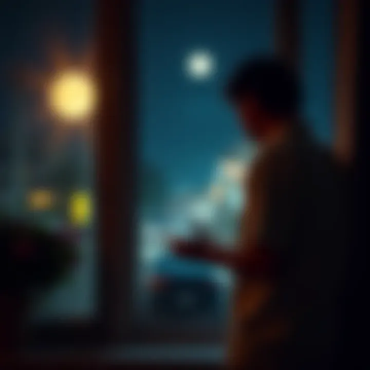 A person stands by a window with a jar, trying to create moon water while streetlights shine outside.