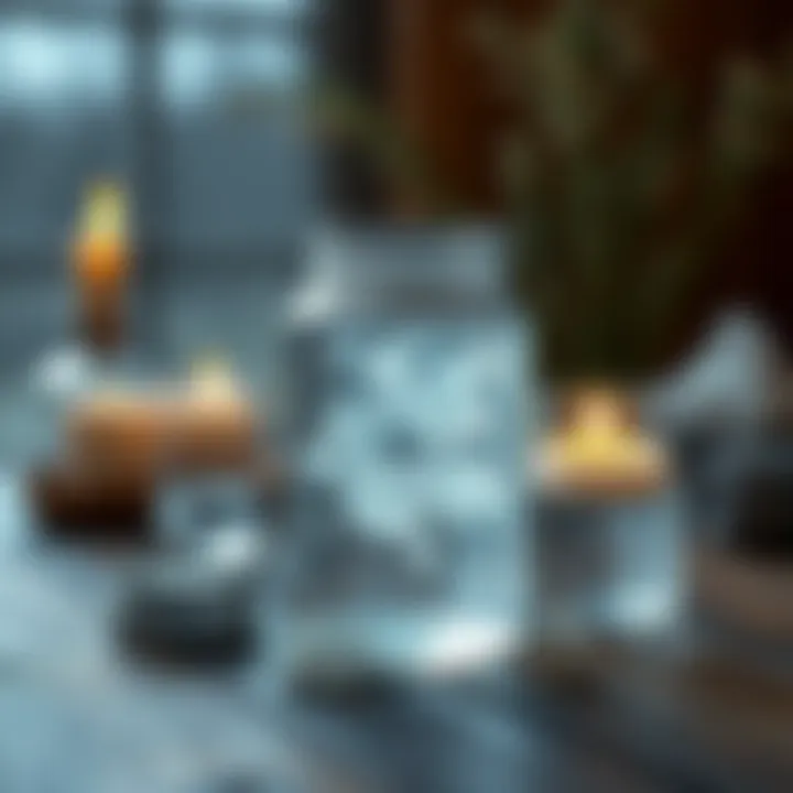 A clear jar filled with shimmering moon water on a wooden table, surrounded by candles and crystals, showing its use in rituals and skincare.