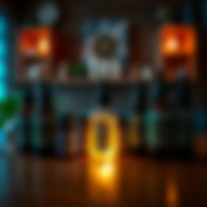 A selection of Moonlight & Sage oils displayed on a wooden table, with a soft glow around the bottles, highlighting their labels and colors.