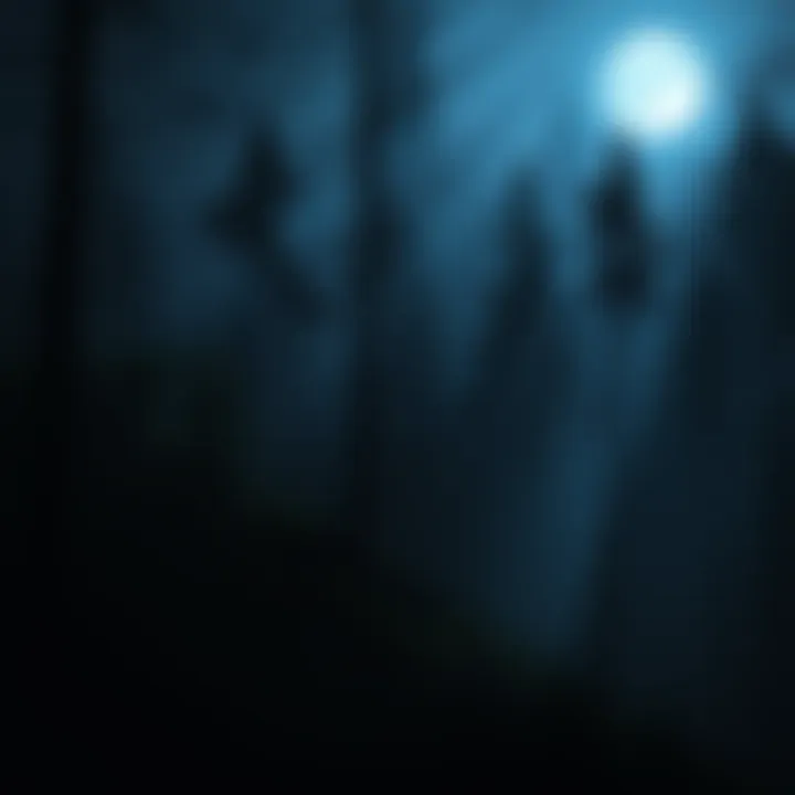 A dark forest under a full moon, with shadows and mist creating a mystical atmosphere