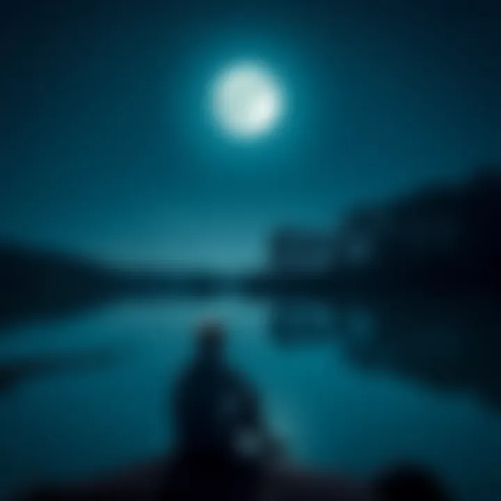 A person sitting by a calm lake, gazing at the bright full moon in the night sky, surrounded by trees. The serene scene evokes feelings of peace and connection with the cosmos.