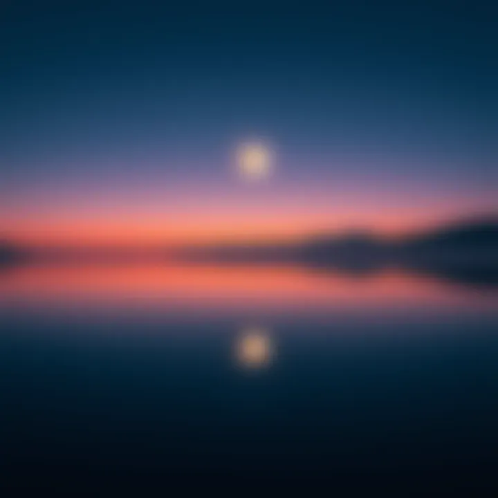 A serene view of the moon setting over a calm lake at twilight, reflecting soft light on the water's surface.