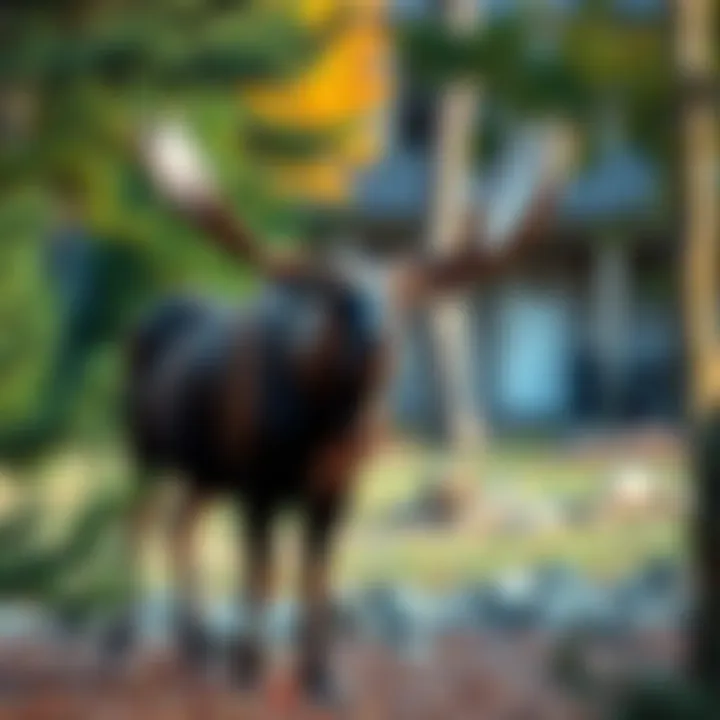 A moose stands in a backyard surrounded by trees, symbolizing a significant moment for Capricorn individuals.