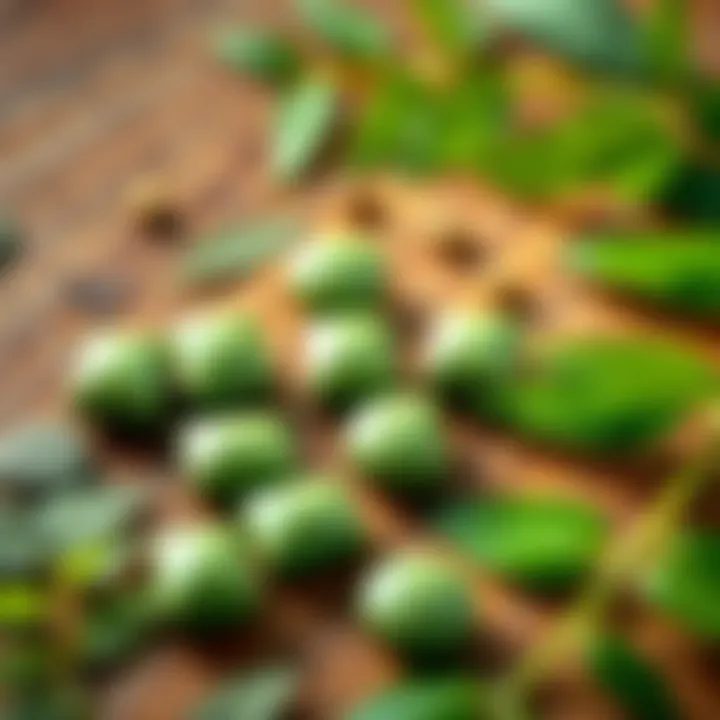 Moringa Tablets on Table A close-up of green Moringa tablets placed on a wooden table with some fresh Moringa leaves beside them.
