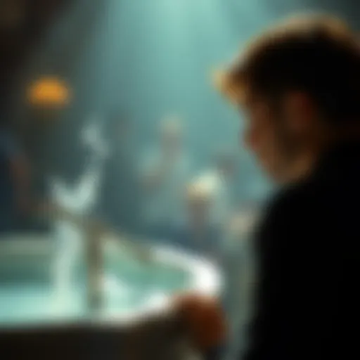 A thoughtful person looking at a baptismal font, contemplating the impact of early baptism on personal beliefs and connections