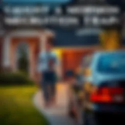Two Mormon missionaries in white shirts and ties walking up a suburban driveway to knock on a door, with a car in the foreground