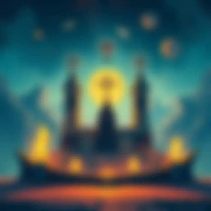 Illustration showing symbols of Mormonism and Christian mysticism, including a representation of godhood and an afterlife theme, surrounded by a serene background.