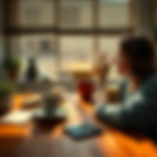 A person enjoying a cup of coffee while sitting at a kitchen table, surrounded by everyday items like a notepad and a phone.