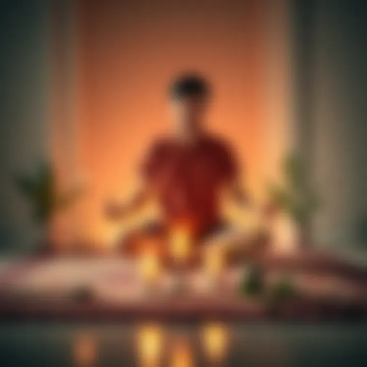 A person sitting cross-legged on a rug, practicing meditation with candles and plants around them