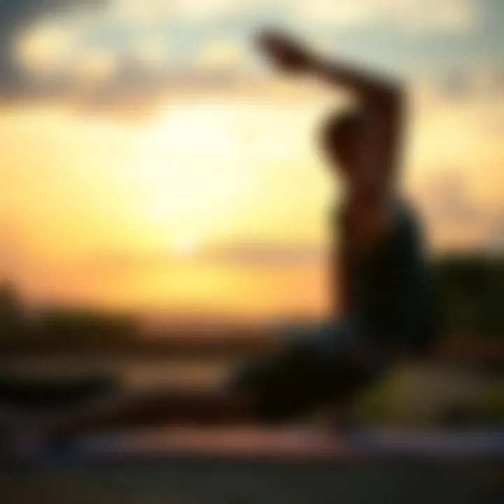 Person practicing Ashtanga yoga outdoors at sunrise, stretching on a mat.