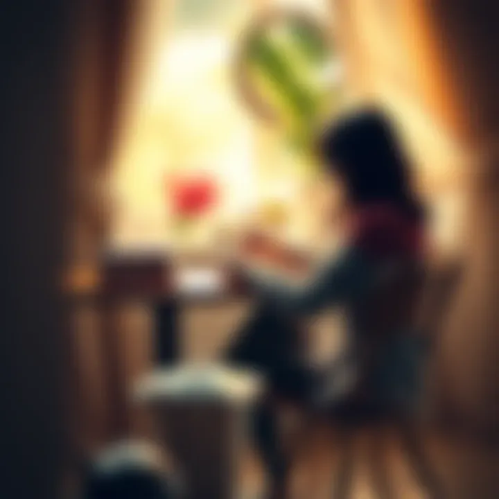 A person sitting at a cozy table with a cup of coffee and a stack of uplifting books, enjoying a peaceful morning