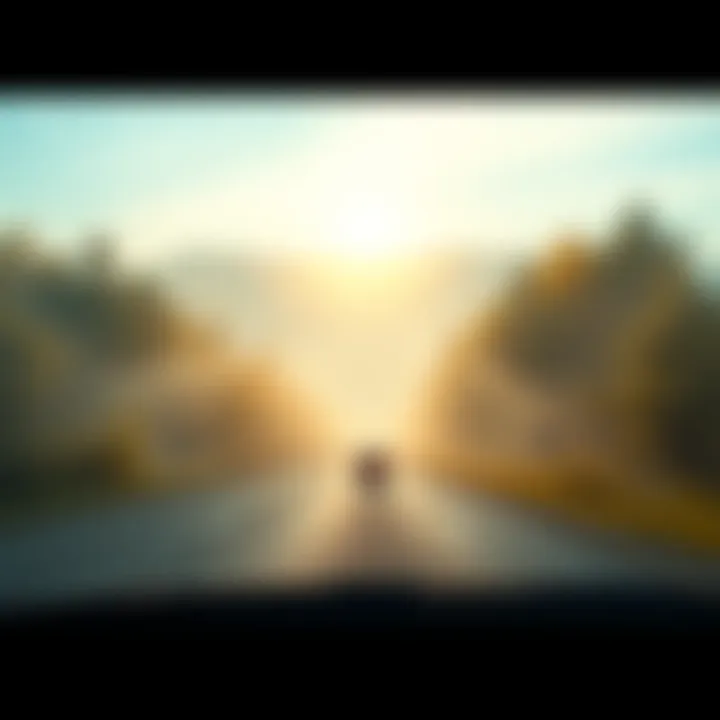A car driving on a misty road towards Virginia with trees and hills in the background