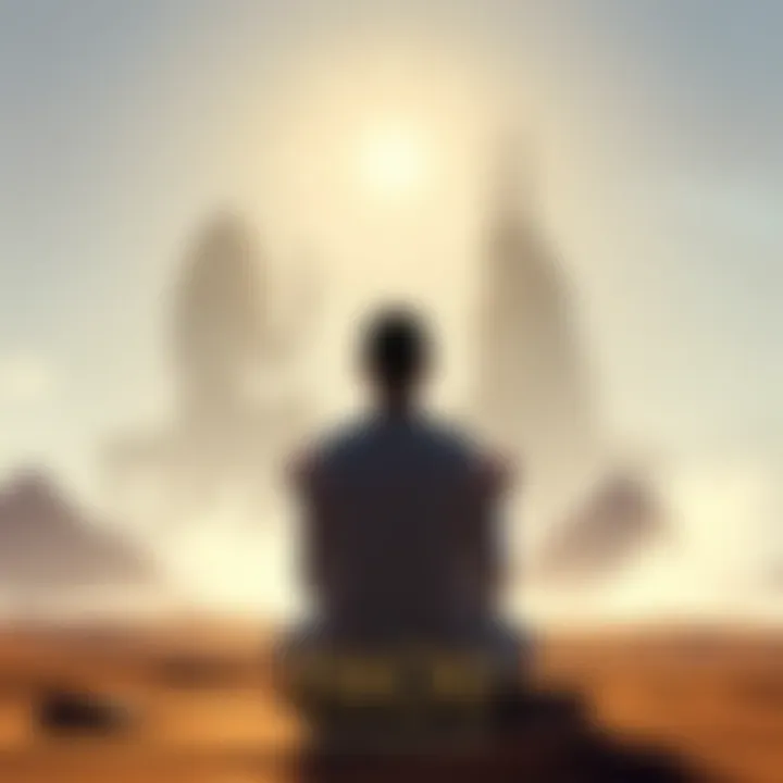 A person meditating in a soft morning light, with symbols of Thoth and Anubis in the background, representing spiritual connectivity.