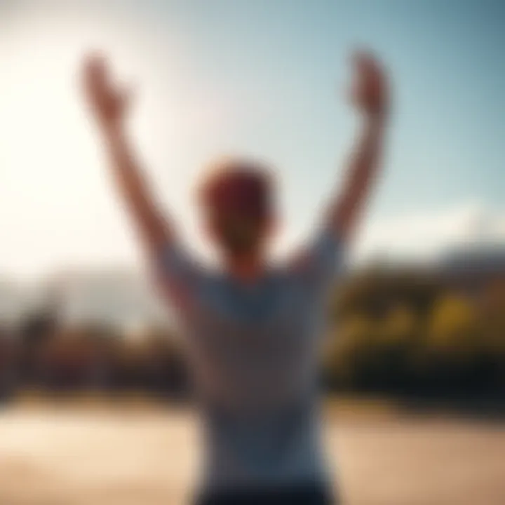 A person stretching with arms raised towards the sky in the morning sun, looking energized and ready for the day
